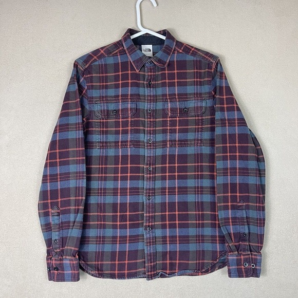 The North Face Shirt Men Small Red Blue Plaid Long Sleeve Button Up Hiking Adult - Picture 1 of 11